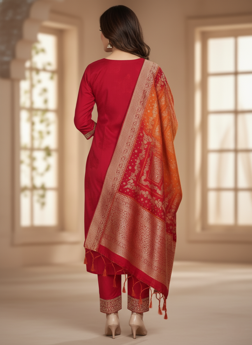 Pure Banarasi Jacquard Designer Crepe Silk Suit with Heavy Dupatta - Red & Orange