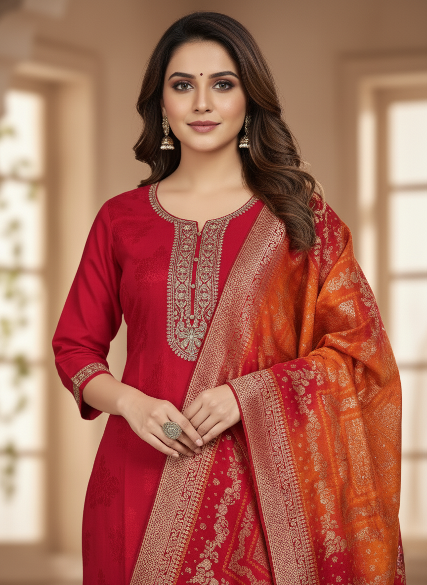 Pure Banarasi Jacquard Designer Crepe Silk Suit with Heavy Dupatta - Red & Orange