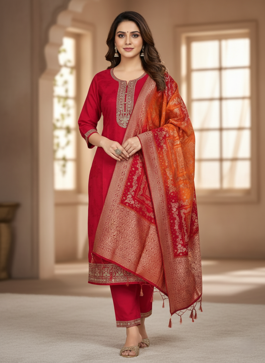 Pure Banarasi Jacquard Designer Crepe Silk Suit with Heavy Dupatta - Red & Orange