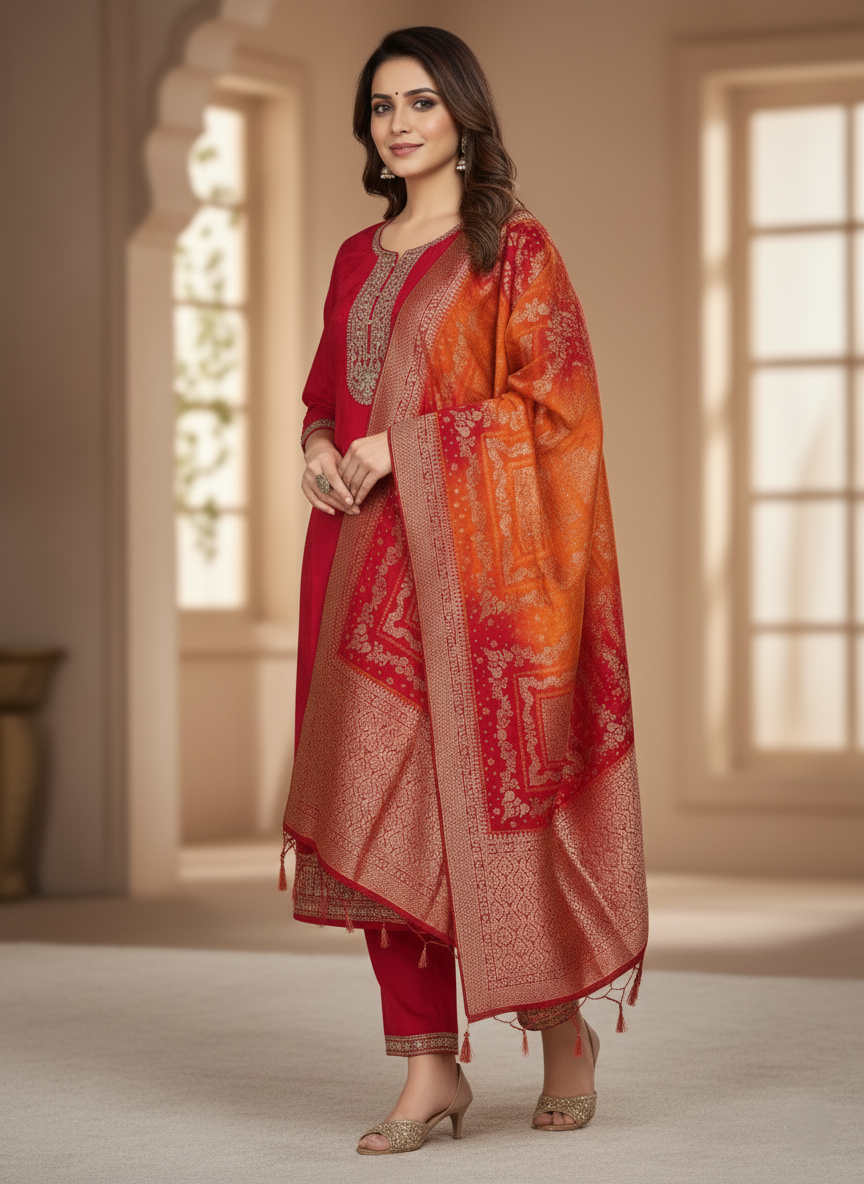 Pure Banarasi Jacquard Designer Crepe Silk Suit with Heavy Dupatta - Red & Orange