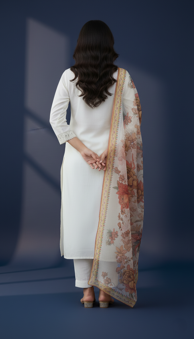 Viscose Designer Pure Silk Set with Digital Print Organza Dupatta - Off-White