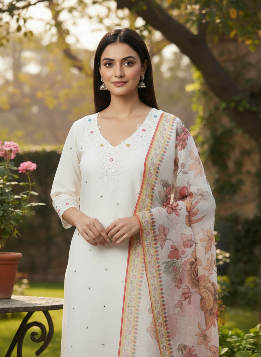 Viscose Designer Pure Silk Set with Digital Print Organza Dupatta - Off-White
