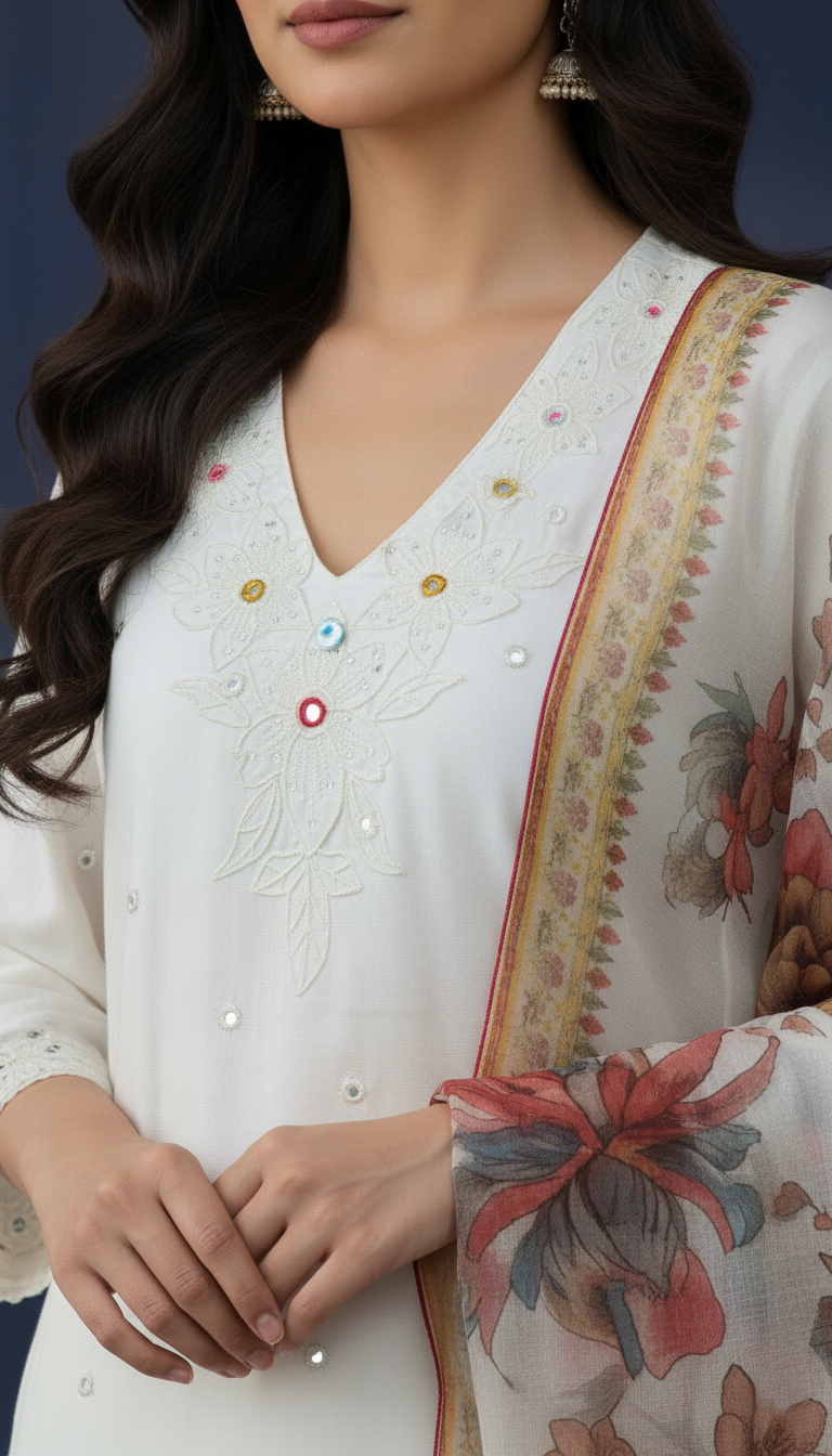 Viscose Designer Pure Silk Set with Digital Print Organza Dupatta - Off-White