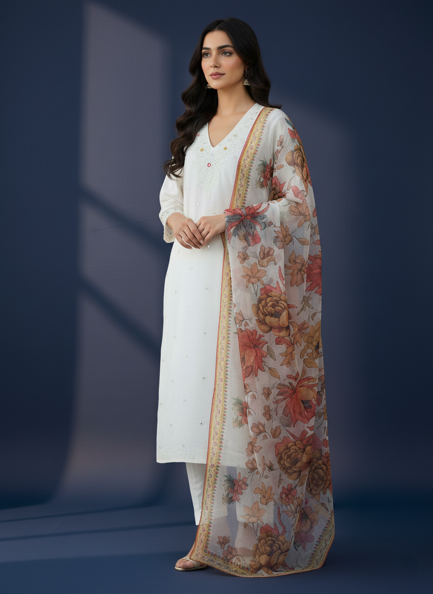 Viscose Designer Pure Silk Set with Digital Print Organza Dupatta - Off-White