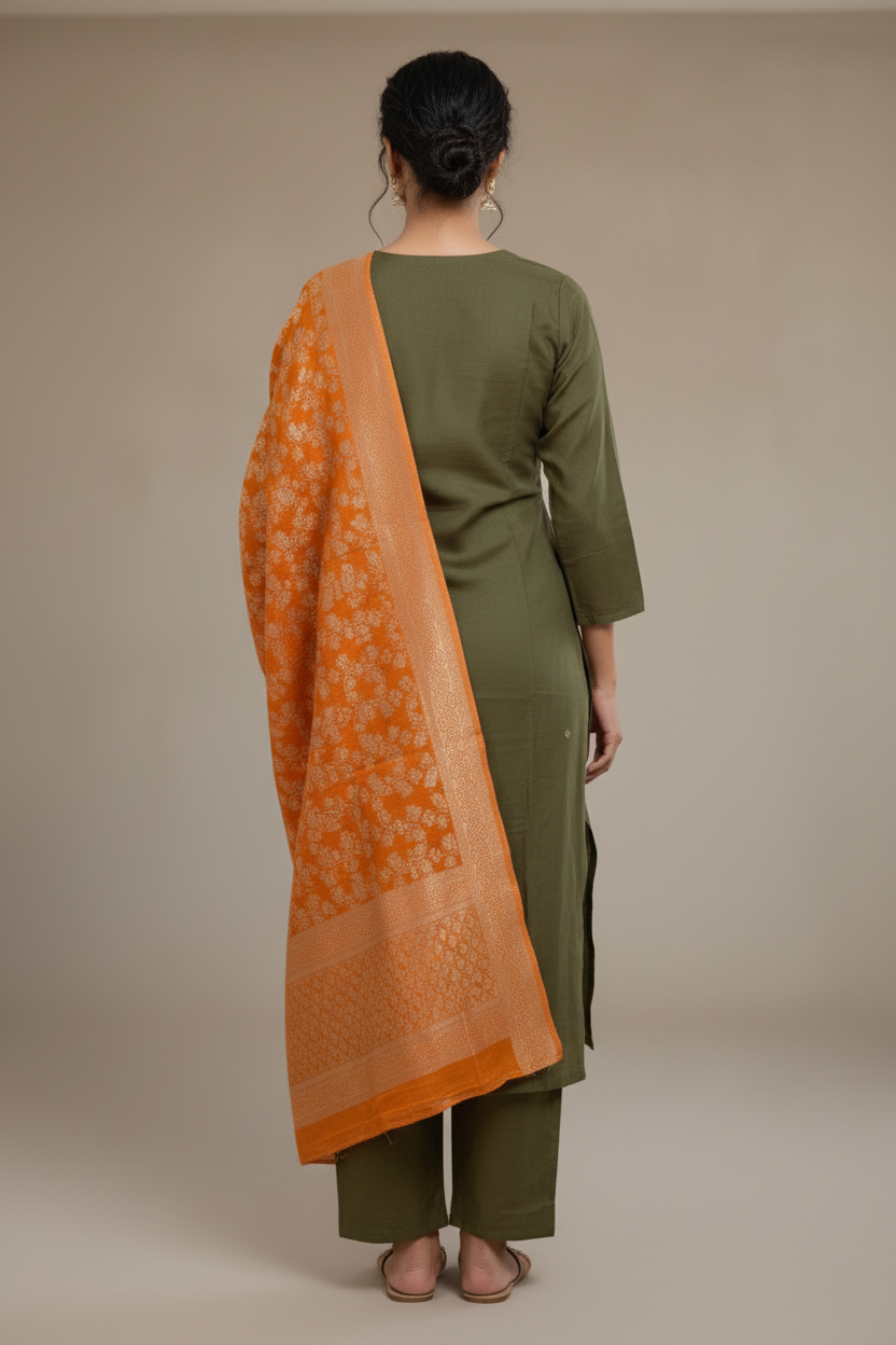 Samudrai Shimmer Designer Silk Suit, Zari Embroidery - Olive & Orange