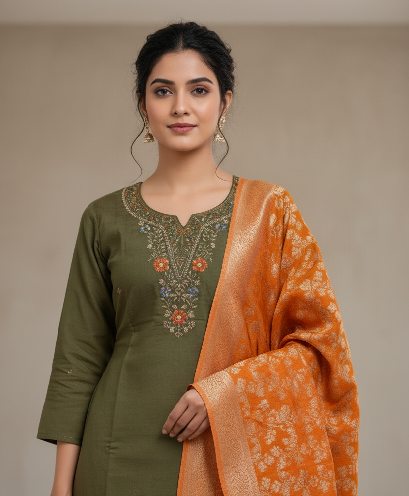 Samudrai Shimmer Designer Silk Suit, Zari Embroidery - Olive & Orange