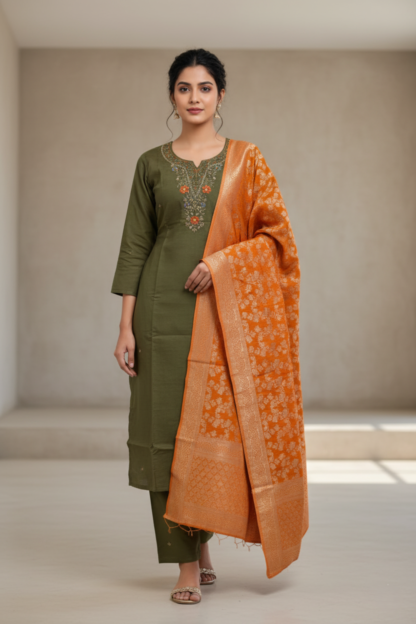 Samudrai Shimmer Designer Silk Suit, Zari Embroidery - Olive & Orange