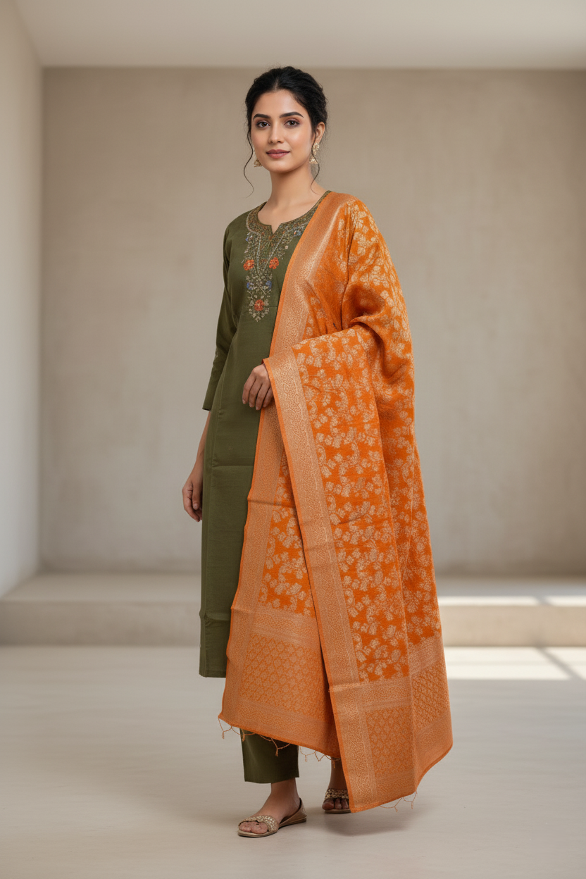 Samudrai Shimmer Designer Silk Suit, Zari Embroidery - Olive & Orange