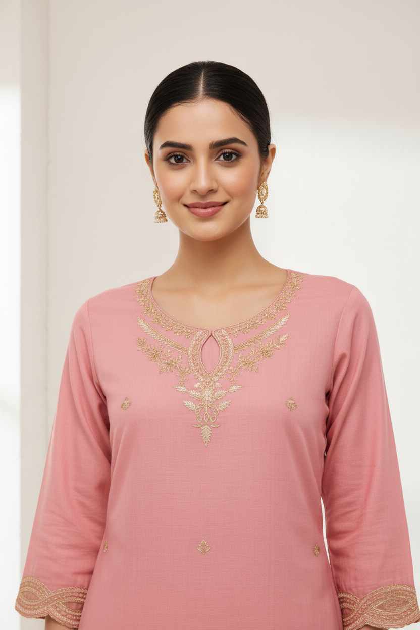 Pure Handloom Cotton Silk Designer Short Kurti Co-ord Set - Salmon