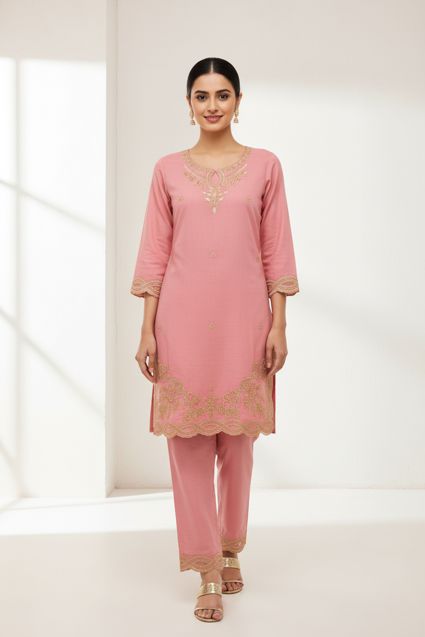 Pure Handloom Cotton Silk Designer Short Kurti Co-ord Set - Salmon