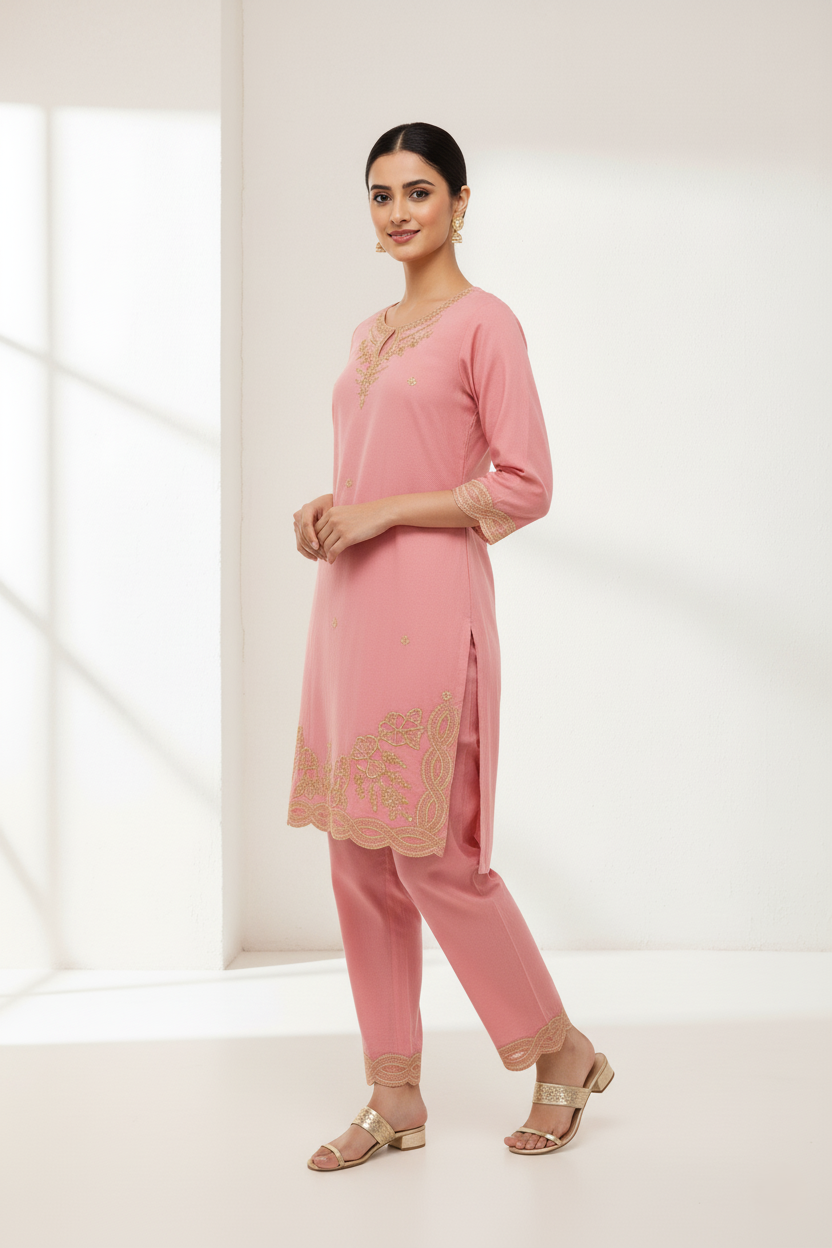 Pure Handloom Cotton Silk Designer Short Kurti Co-ord Set - Salmon