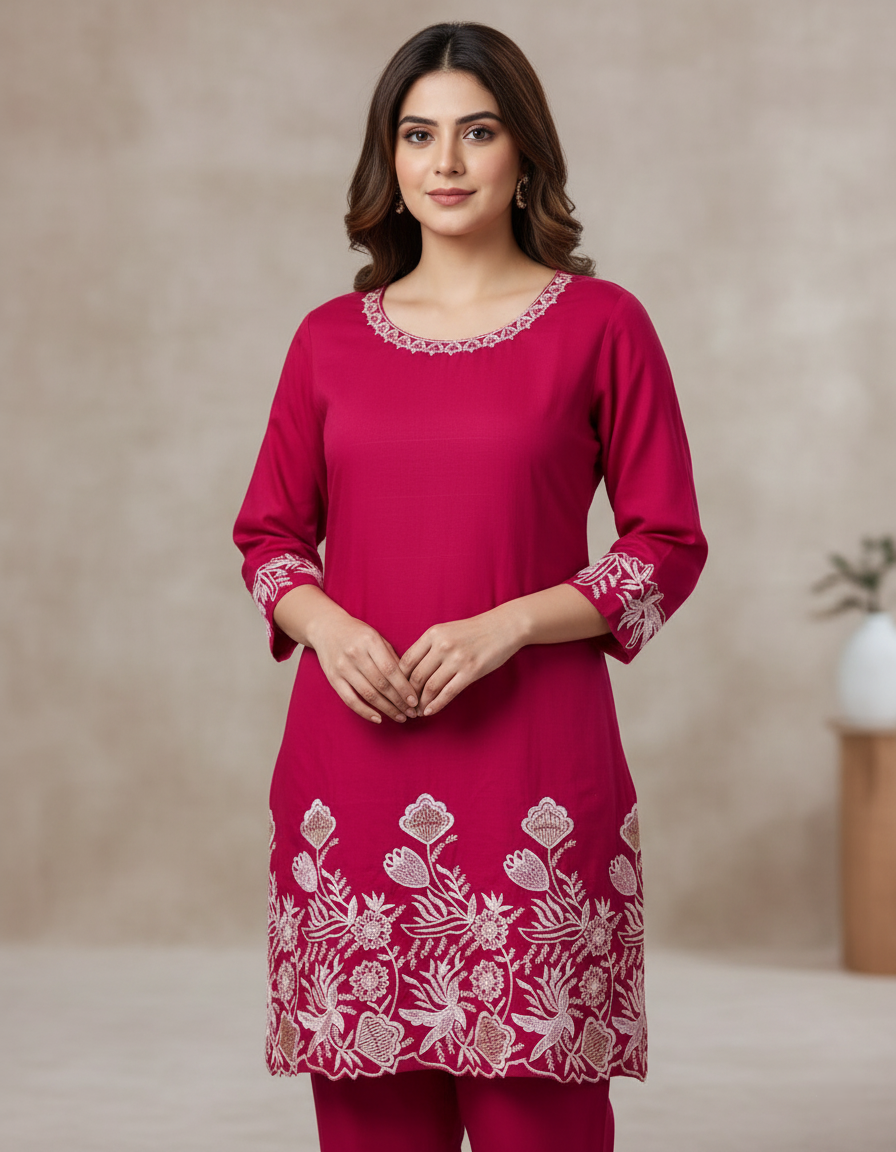 Pure Vichitra Designer Silk with Cut Work Detailing Short Kurti Co-ord Set - Red