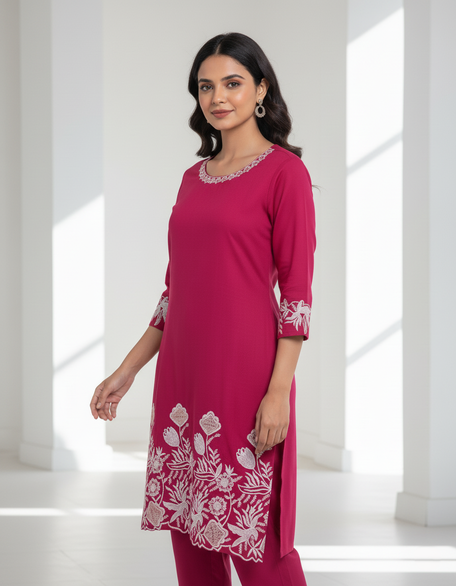 Pure Vichitra Designer Silk with Cut Work Detailing Short Kurti Co-ord Set - Red