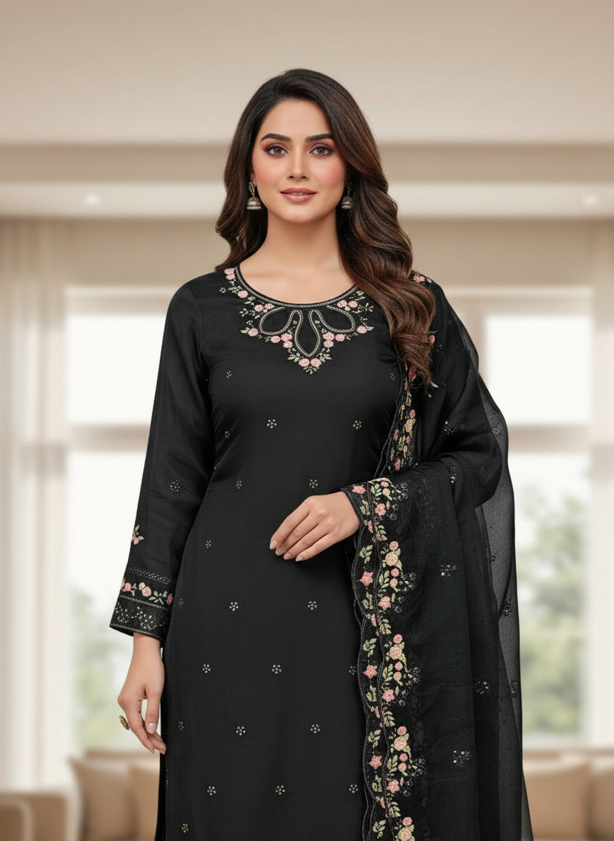 Floral Embroidered Chinon Jordan Silk Designer Threadwork with Sequins - Black