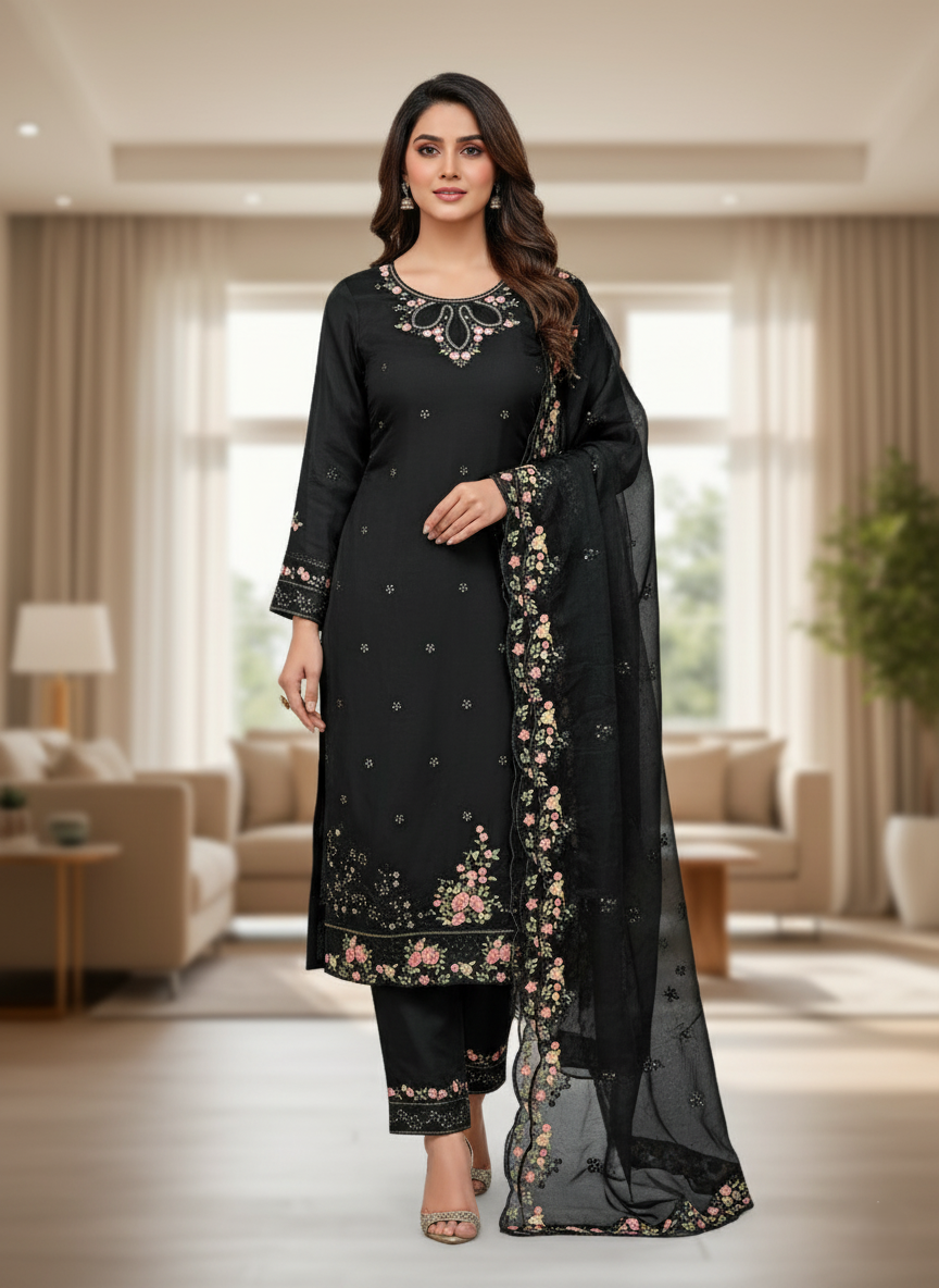 Floral Embroidered Chinon Jordan Silk Designer Threadwork with Sequins - Black