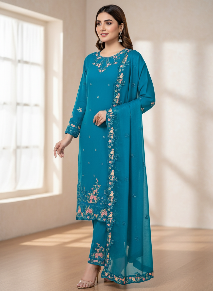Floral Embroidered Chinon Jordan Silk Designer Threadwork with Sequins - Blue