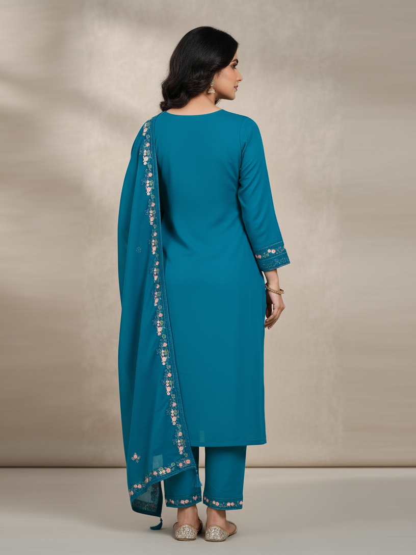 Floral Embroidered Chinon Jordan Silk Designer Threadwork with Sequins - Blue