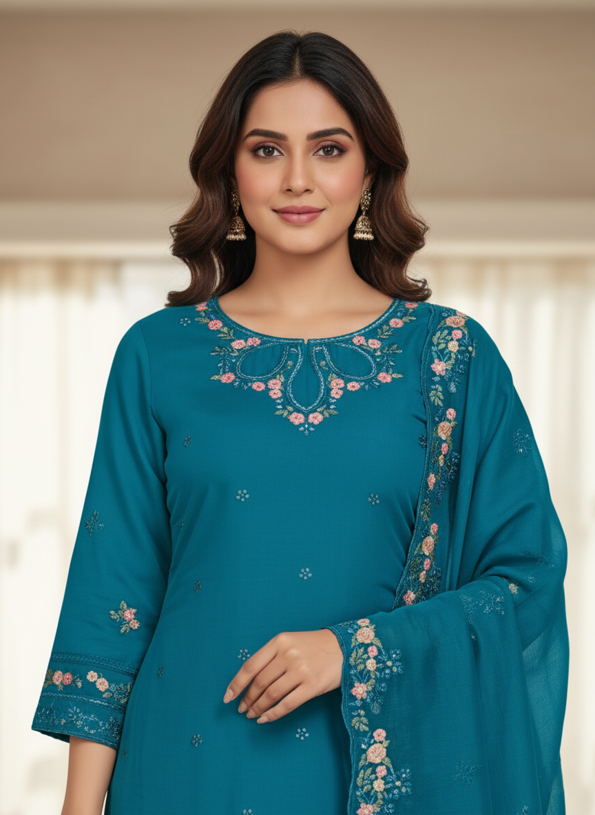 Floral Embroidered Chinon Jordan Silk Designer Threadwork with Sequins - Blue