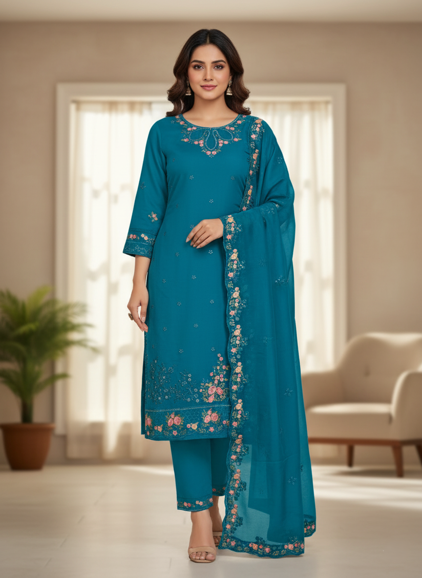 Floral Embroidered Chinon Jordan Silk Designer Threadwork with Sequins - Blue