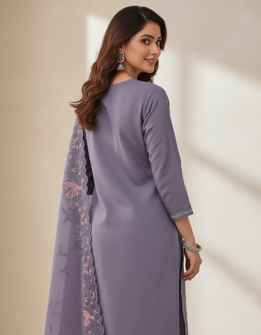 Floral Embroidered Chinon Jordan Silk Designer Threadwork with Sequins - Lavender