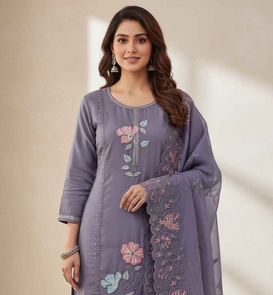 Floral Embroidered Chinon Jordan Silk Designer Threadwork with Sequins - Lavender