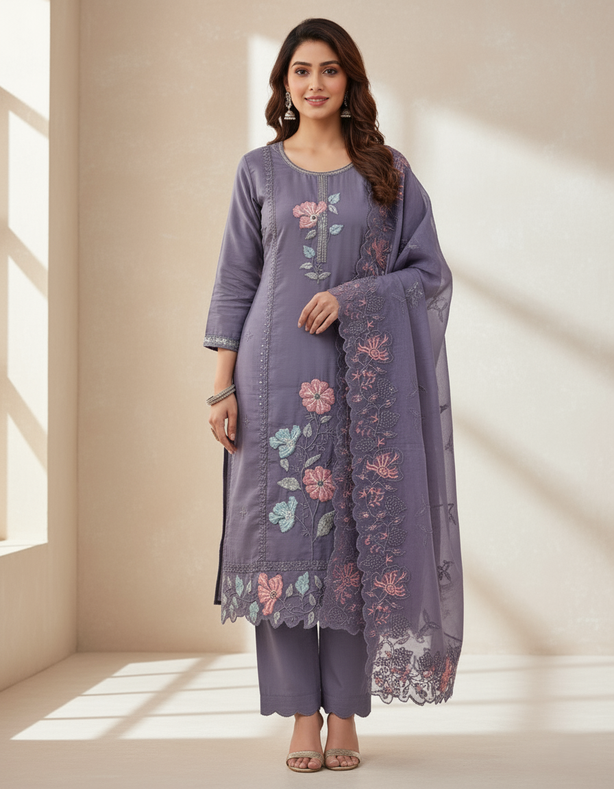 Floral Embroidered Chinon Jordan Silk Designer Threadwork with Sequins - Lavender