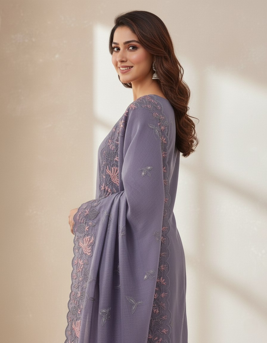 Floral Embroidered Chinon Jordan Silk Designer Threadwork with Sequins - Lavender