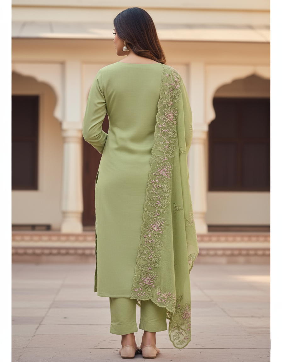 Floral Embroidered Chinon Jordan Silk Designer Threadwork with Sequins - Pistachio