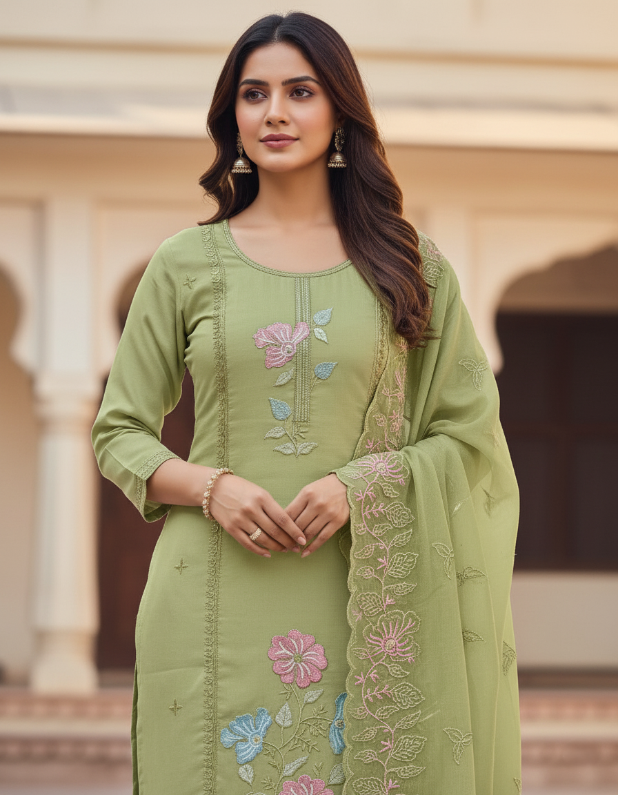 Floral Embroidered Chinon Jordan Silk Designer Threadwork with Sequins - Pistachio