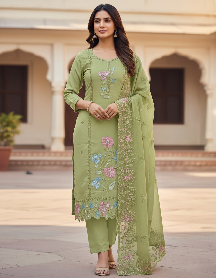 Floral Embroidered Chinon Jordan Silk Designer Threadwork with Sequins - Pistachio