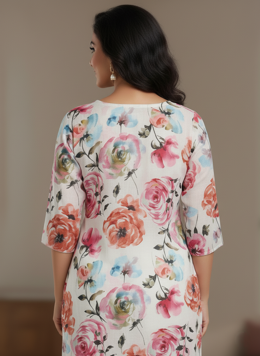 Floral Printed Pure Kashmir Silk Kurti with Handloom Pants - White