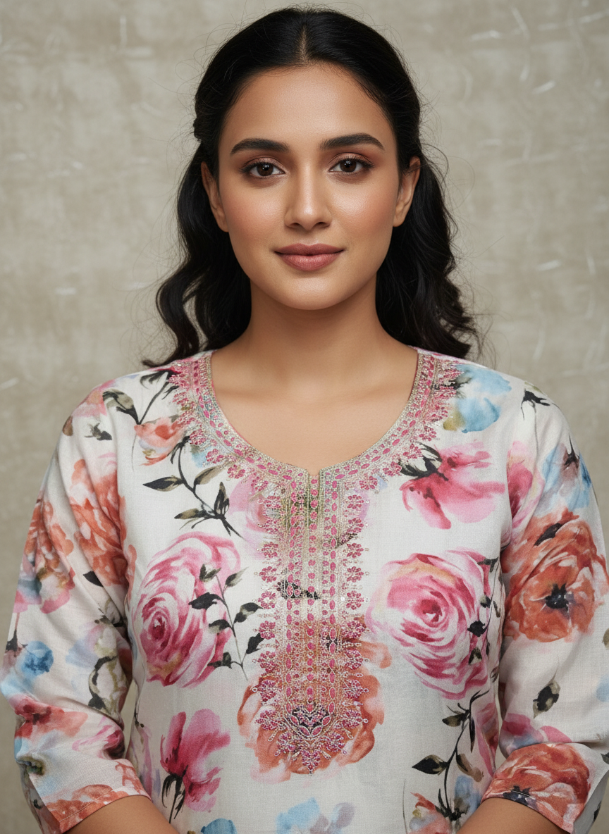 Floral Printed Pure Kashmir Silk Kurti with Handloom Pants - White