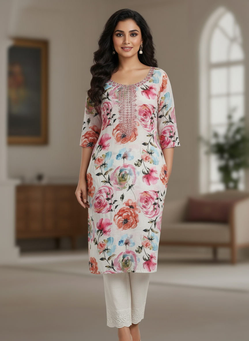 Floral Printed Pure Kashmir Silk Kurti with Handloom Pants - White