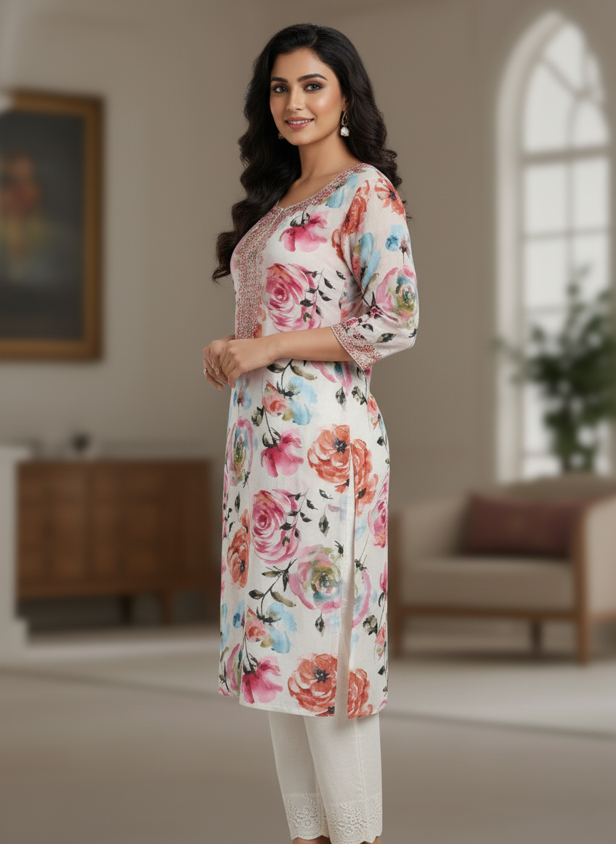 Floral Printed Pure Kashmir Silk Kurti with Handloom Pants - White