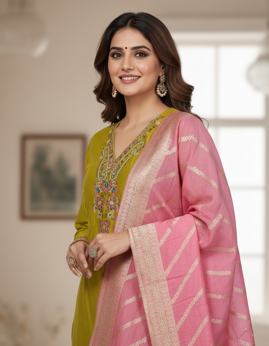 Samudrai Shimmer Designer Silk Suit, Zari Embroidery - Mustard & Pink