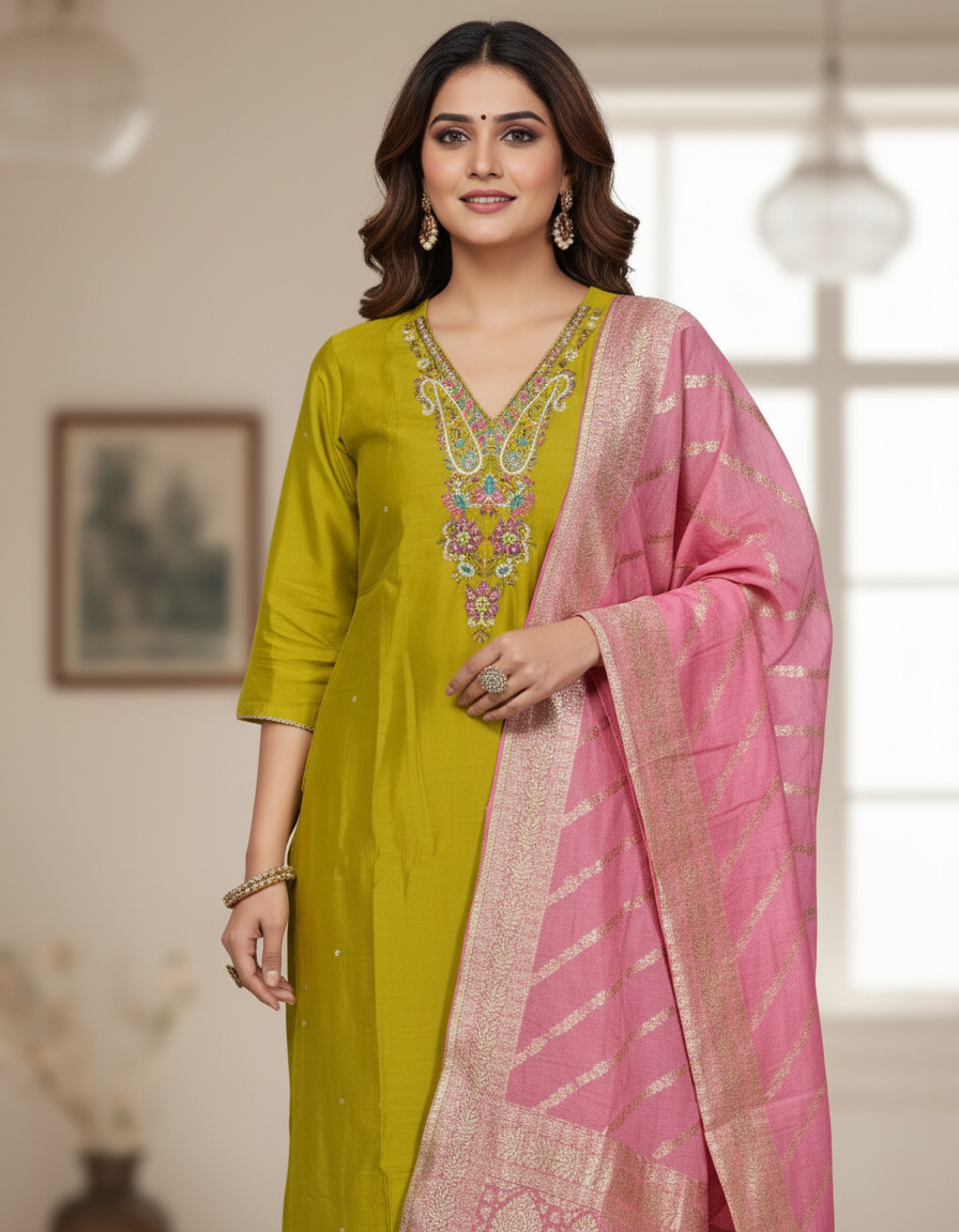 Samudrai Shimmer Designer Silk Suit, Zari Embroidery - Mustard & Pink