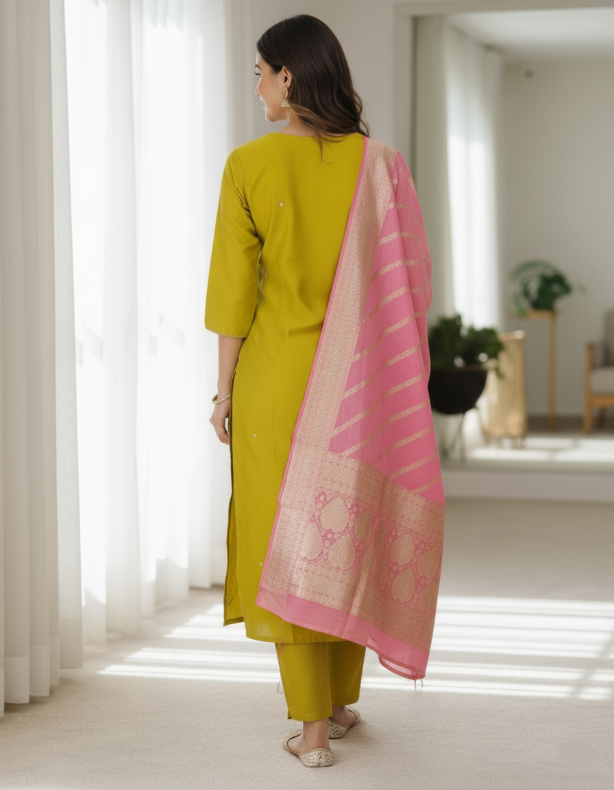 Samudrai Shimmer Designer Silk Suit, Zari Embroidery - Mustard & Pink