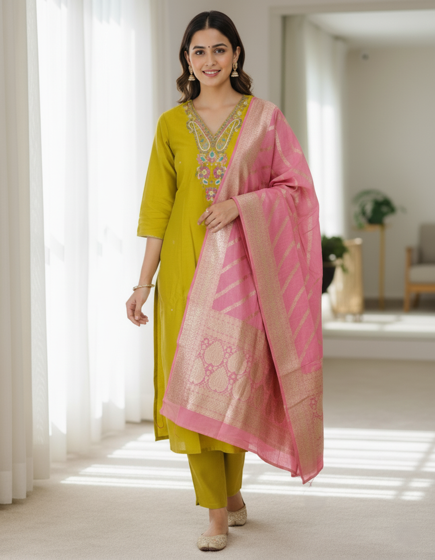 Samudrai Shimmer Designer Silk Suit, Zari Embroidery - Mustard & Pink