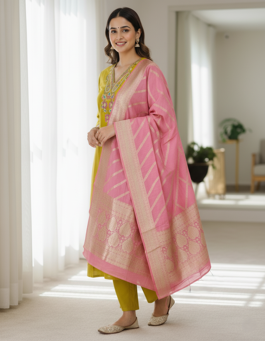 Samudrai Shimmer Designer Silk Suit, Zari Embroidery - Mustard & Pink