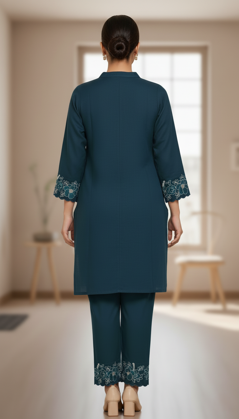 Vichitra Silk Crepe, Floral Embroidered Short Kurti Co-ord Set - Rich Blue