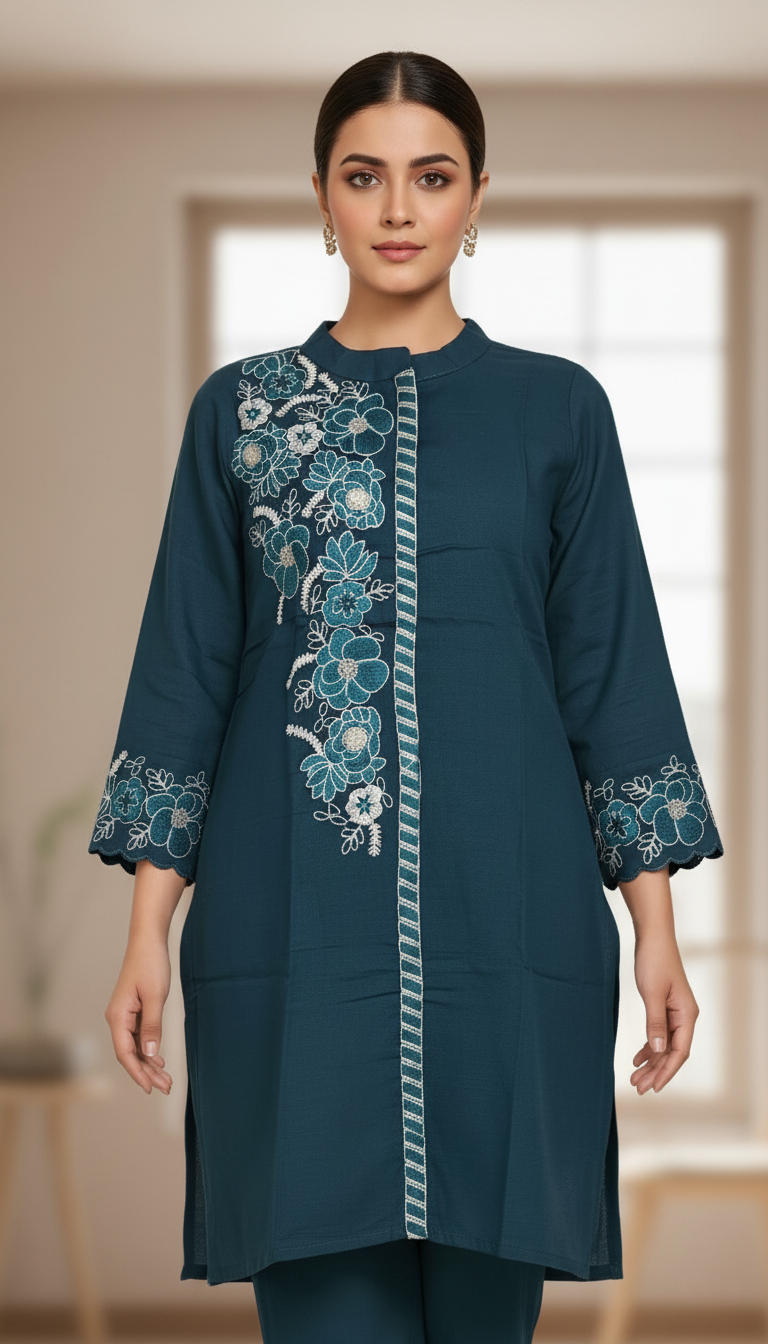 Vichitra Silk Crepe, Floral Embroidered Short Kurti Co-ord Set - Rich Blue