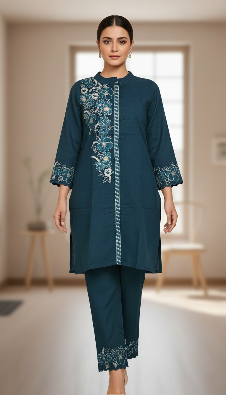 Vichitra Silk Crepe, Floral Embroidered Short Kurti Co-ord Set - Rich Blue