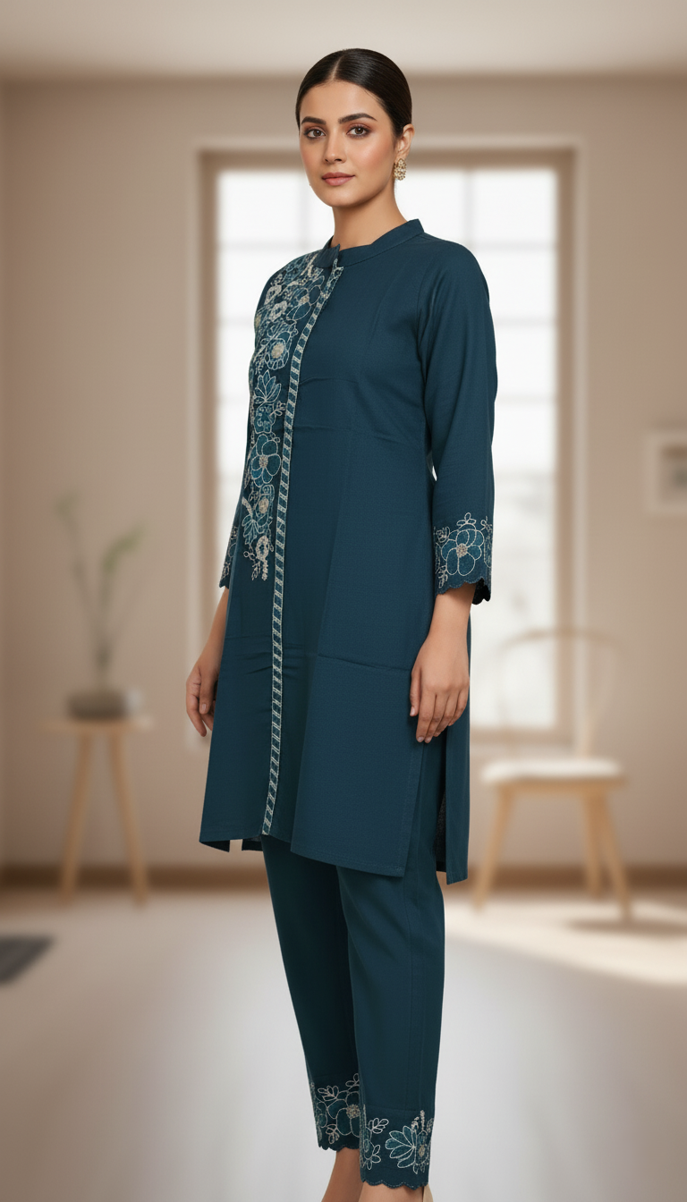 Vichitra Silk Crepe, Floral Embroidered Short Kurti Co-ord Set - Rich Blue