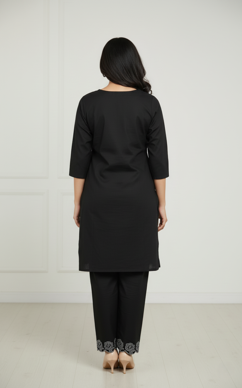 Vichitra Silk Crepe, Floral Embroidered Short Kurti Co-ord Set - Black