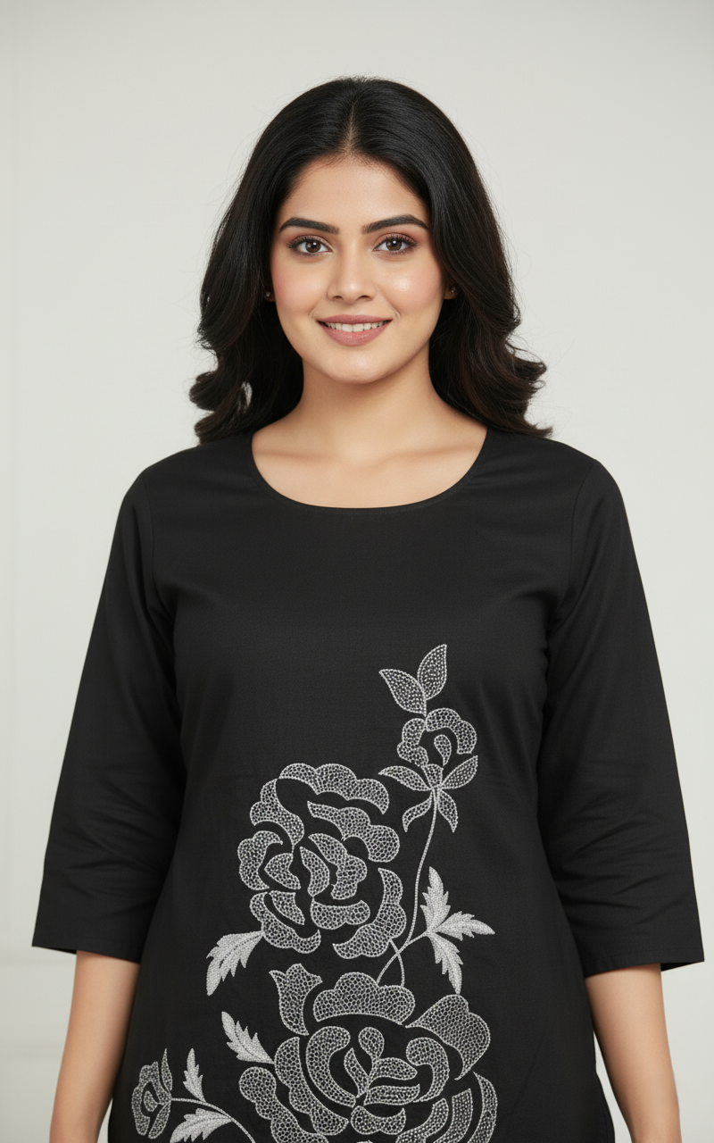 Vichitra Silk Crepe, Floral Embroidered Short Kurti Co-ord Set - Black