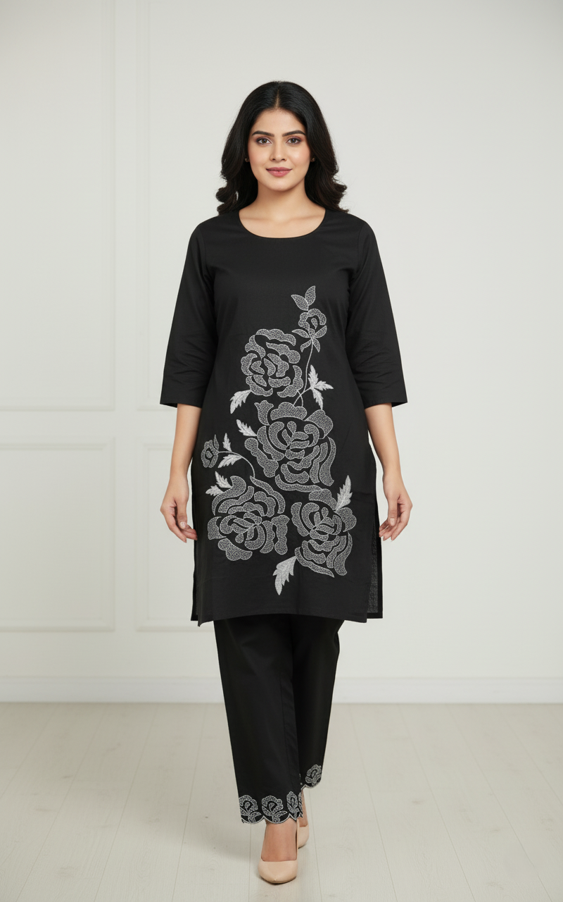 Vichitra Silk Crepe, Floral Embroidered Short Kurti Co-ord Set - Black