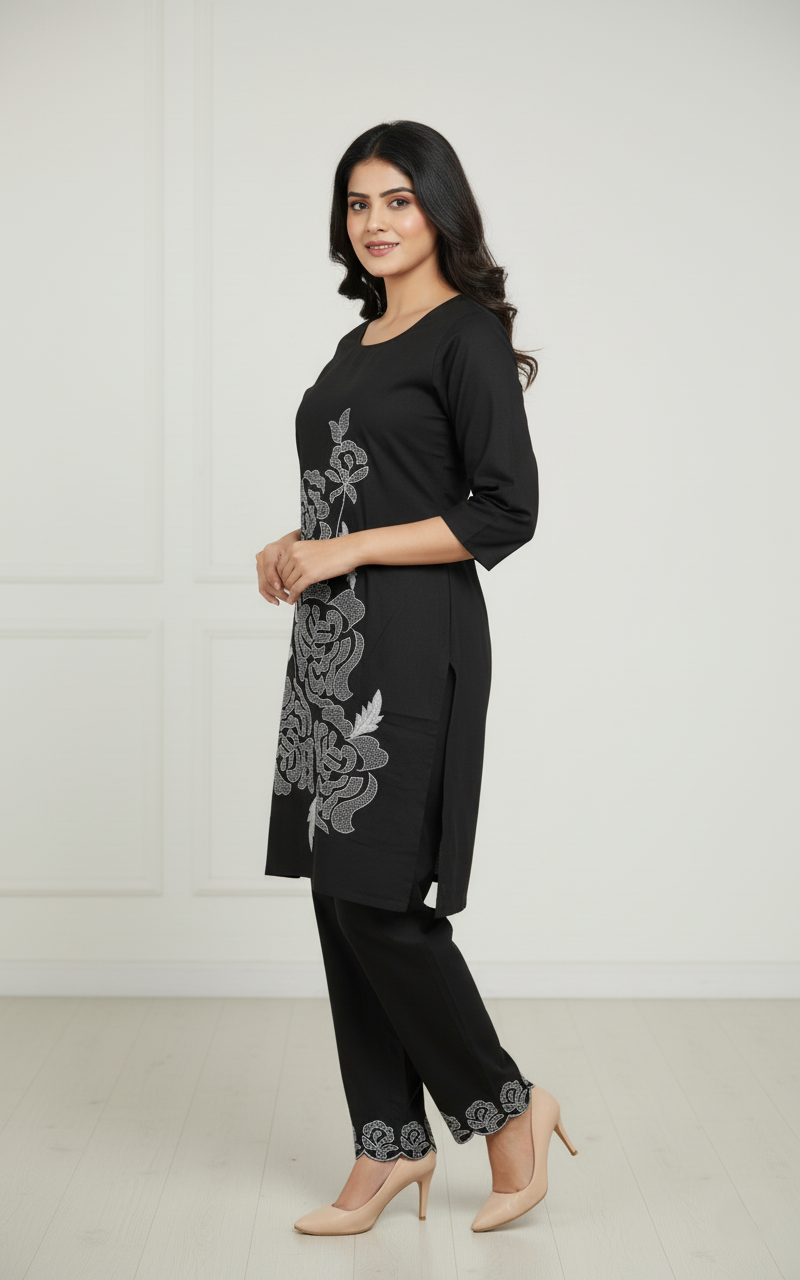 Vichitra Silk Crepe, Floral Embroidered Short Kurti Co-ord Set - Black