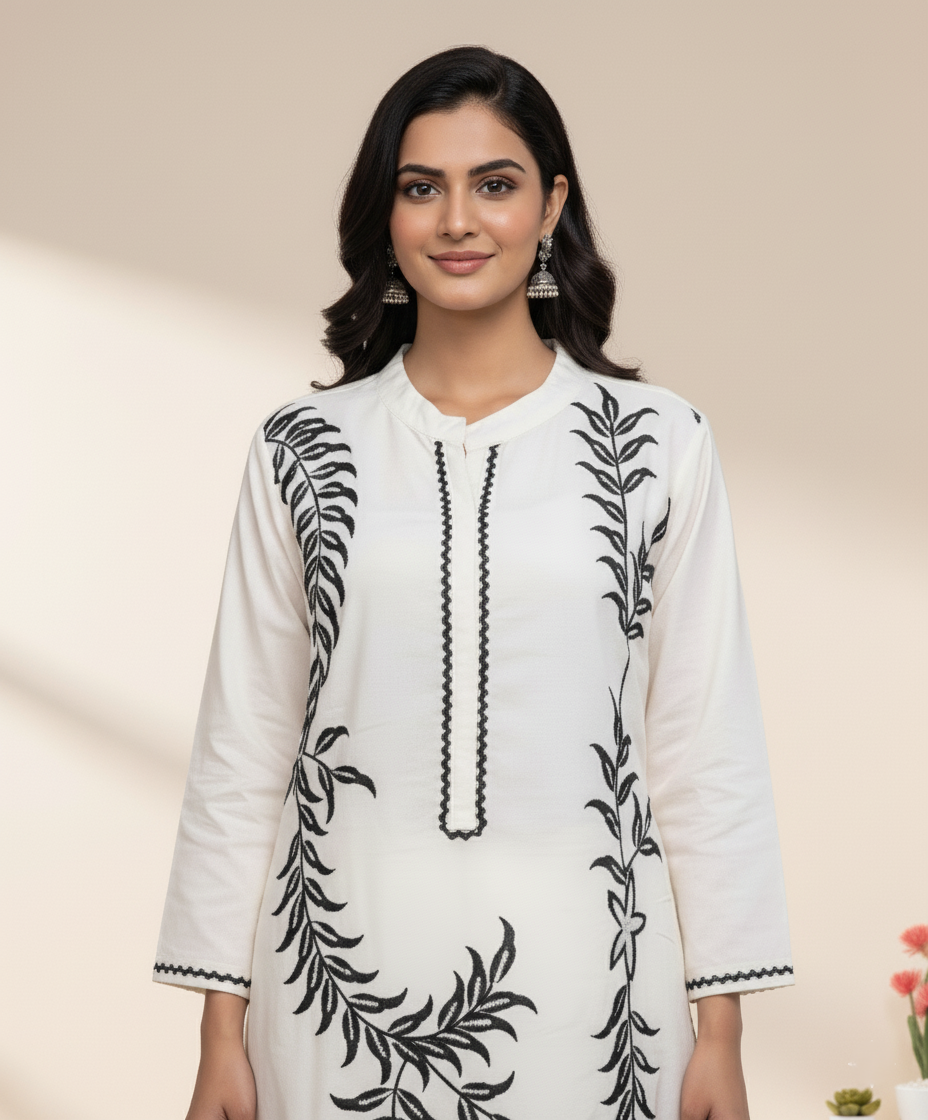Pure Handloom Silk, Embroidered Co-ord Set - Off-White