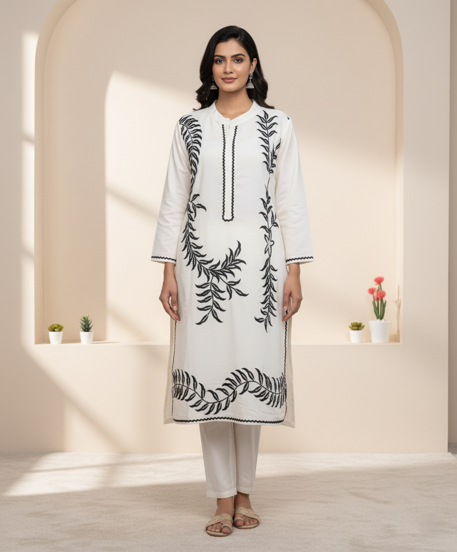 Pure Handloom Silk, Embroidered Co-ord Set - Off-White