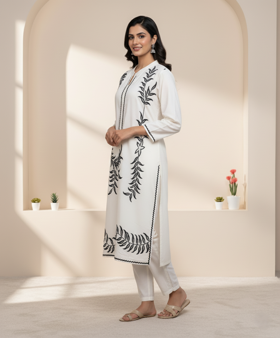 Pure Handloom Silk, Embroidered Co-ord Set - Off-White